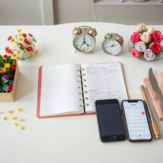Neatly arranged event planning items on a table, including a planner, clock, and party decorations.