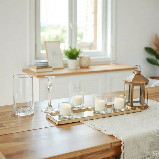 Assorted candle holders on a wooden table with unlit candles in a bright living room