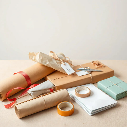 Gift wrapping materials arranged on a table, including wrapping paper, ribbon, tags, scissors, and tape