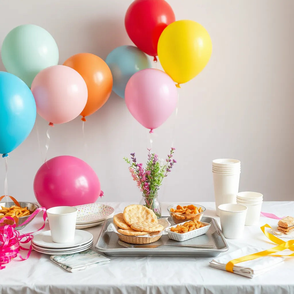 Colorful balloons and party tableware arranged on a clean tabletop for a celebration