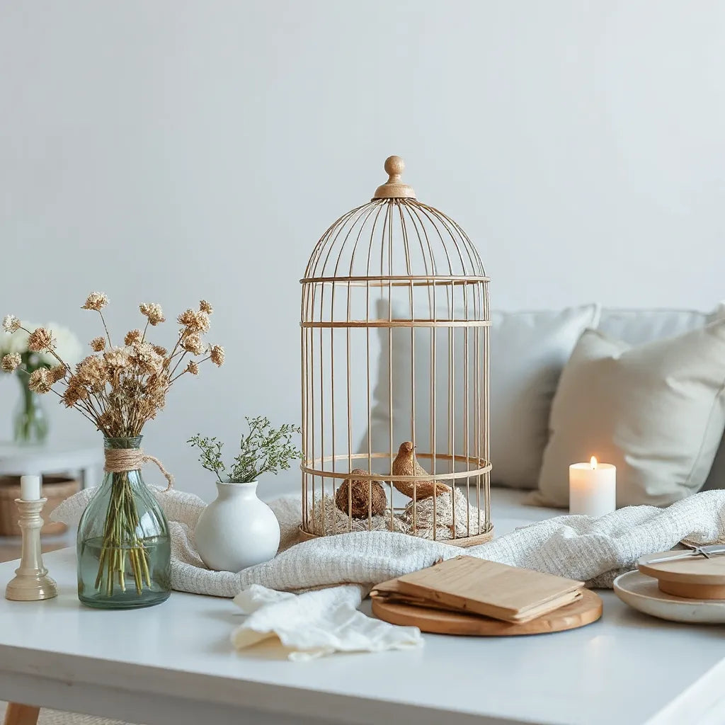 Decorative vintage bird cage centerpiece on a cozy side table with dried flowers and greenery