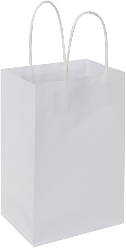 Oikss 50 Pack 5.25x3.25x8.25 Inch Small White Kraft Paper Bags with Handles Bulk for Birthday Wedding Party Favors Grocery Retail Shopping Business Goody Craft Gift Bags Cub Sacks, 50 Count