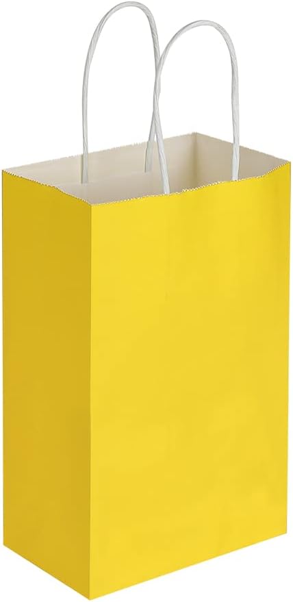 Oikss 50 Pack 5.25x3.25x8.25 Inch Small Yellow Kraft Paper Bags with Handles Bulk for Birthday Wedding Party Favors Grocery Retail Shopping Business Goody Craft Gift Bags Cub Sacks, 50 Count