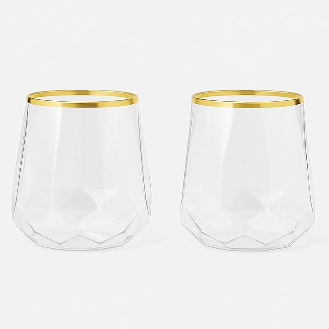 40 count Diamond Unbreakable Stemless Plastic Wine Champagne Whiskey Glasses Elegant Durable Disposable Indoor Outdoor Home office wedding bars 12 Ounce (Classic Old Fashioned Gold Rim)