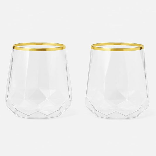 40 count Diamond Unbreakable Stemless Plastic Wine Champagne Whiskey Glasses Elegant Durable Disposable Indoor Outdoor Home office wedding bars 12 Ounce (Classic Old Fashioned Gold Rim)