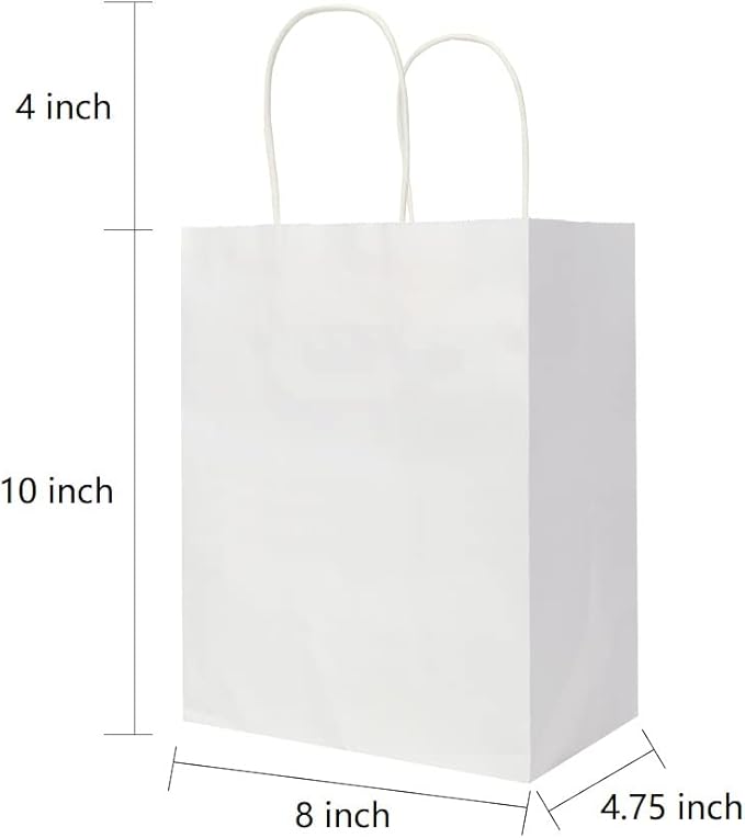 Oikss 50 Pack 8x4.75x10 Inch Medium White Kraft Paper Bags with Handles Bulk for Birthday Wedding Party Favors Grocery Retail Shopping Takeout Business Goody Craft Gift Bags Sacks, 50 Count