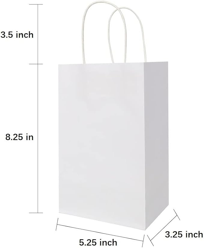 Oikss 50 Pack 5.25x3.25x8.25 Inch Small White Kraft Paper Bags with Handles Bulk for Birthday Wedding Party Favors Grocery Retail Shopping Business Goody Craft Gift Bags Cub Sacks, 50 Count