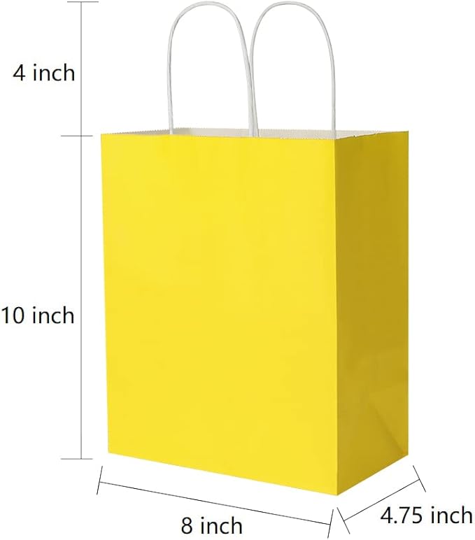 Oikss 50 Pack 8x4.75x10 Inch Medium Yellow Kraft Paper Bags with Handles Bulk for Birthday Wedding Party Favors Grocery Retail Shopping Takeout Business Goody Craft Gift Bags Sacks, (50pcs Count)