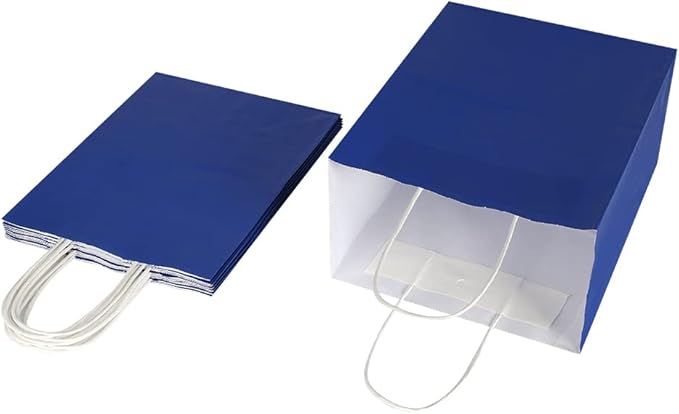 Oikss 50 Pack 8x4.75x10 Inch Medium Royal Blue Kraft Paper Bags with Handles Bulk for Birthday Wedding Party Favors Grocery Retail Shopping Takeout Business Goody Craft Gift Bags Sacks, (50pcs Count)
