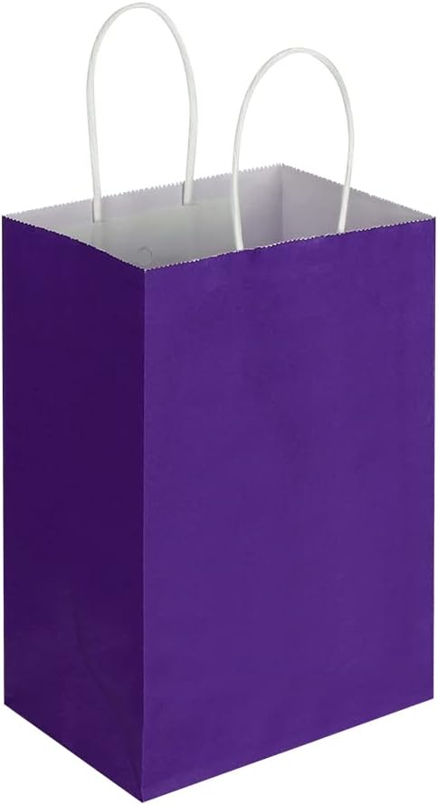 Oikss 50 Pack 5.25x3.25x8.25 Inch Small Purple Kraft Paper Bags with Handles Bulk for Birthday Wedding Party Favors Grocery Retail Shopping Business Goody Craft Gift Bags Cub Sacks, 50 Count