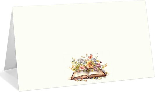 25 Pack Floral Book Theme Place Cards, Editable Name Cards for Table Setting, Tent Cards Food Label for Dinner Party, Bridal Shower, Wedding, Baby Shower and Events -T04