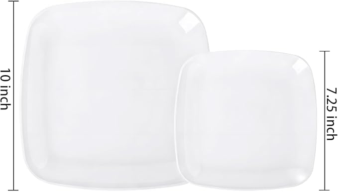 PULOTE 100PCS White Plastic Plates - White Square Disposable Include 50 Dinner 10 inch & 50 Dessert 7.25inch Plates, Ideal for Party & Wedding