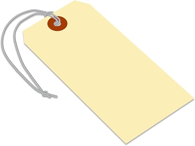 SmartSign Blank Manila Shipping Tags with Elastic Strings - Pack of 100, Size-6, 13pt Thick Pre-Strung Cardstock Tag, 5.25 x 2.625 inch, Paper Hang Tags with Reinforced Fiber Patch