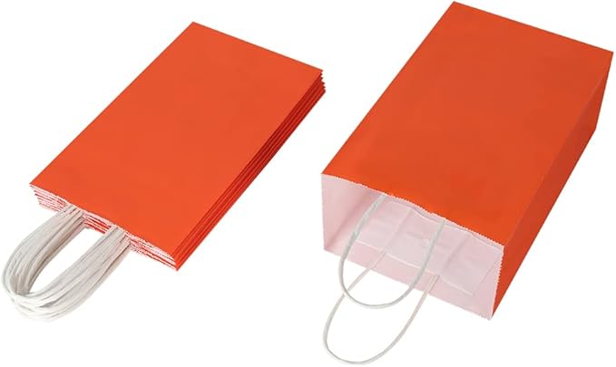 Oikss 50 Pack 5.25x3.25x8.25 Inch Small Orange Kraft Paper Bags with Handles Bulk for Birthday Wedding Party Favors Grocery Retail Shopping Business Goody Craft Gift Bags Cub Sacks, 50 Count