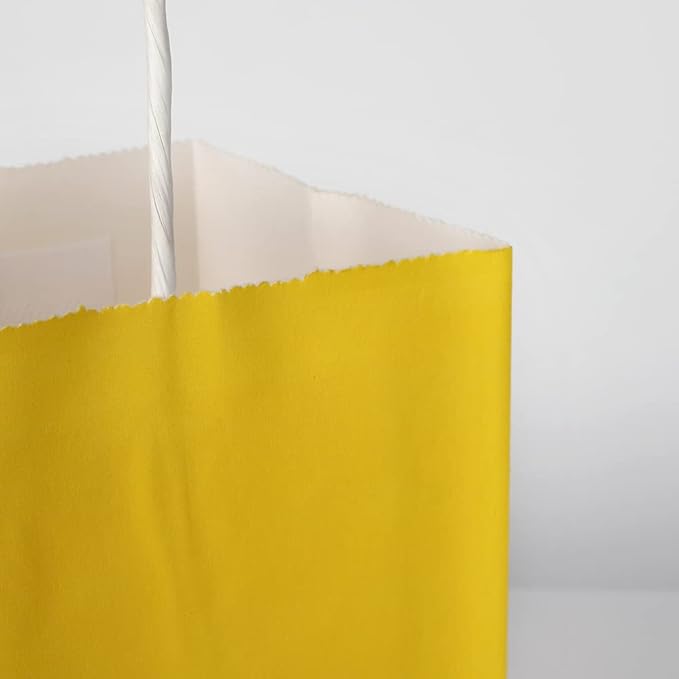 Oikss 50 Pack 5.25x3.25x8.25 Inch Small Yellow Kraft Paper Bags with Handles Bulk for Birthday Wedding Party Favors Grocery Retail Shopping Business Goody Craft Gift Bags Cub Sacks, 50 Count