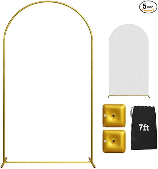 7.2FT Gold Wedding Backdrop Arch Stand with White Spandex Cover – Metal Frame, Water Weights & Storage Bag – Party, Birthday, Baby Shower, Bridal Shower, Wedding Ceremony, Photo Booth Decor