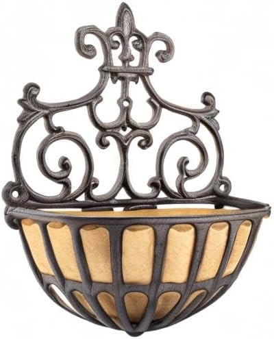 Sungmor 2PC Small Cast Iron Baskets, Heavy-Duty Wall Hanging Hollow Planter w/Fabric Liner, Antique Victoria Half Round Wall Pot Plants Holder, Outdoor Railing Fence Balcony Hanging Basket Flower Pot