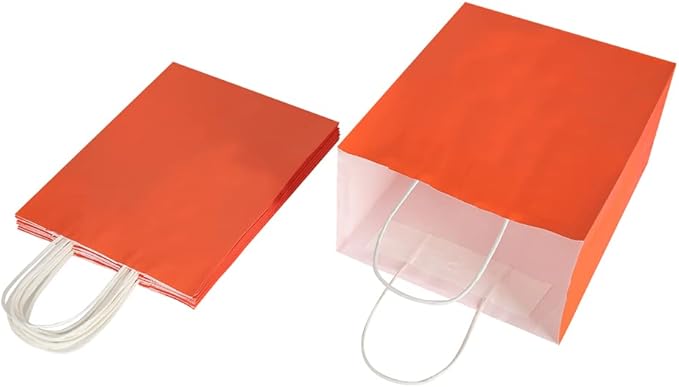 Oikss 50 Pack 8x4.75x10 Inch Medium Orange Kraft Paper Bags with Handles Bulk for Birthday Wedding Party Favors Grocery Retail Shopping Takeout Business Goody Craft Gift Bags Sacks, (50pcs Count)