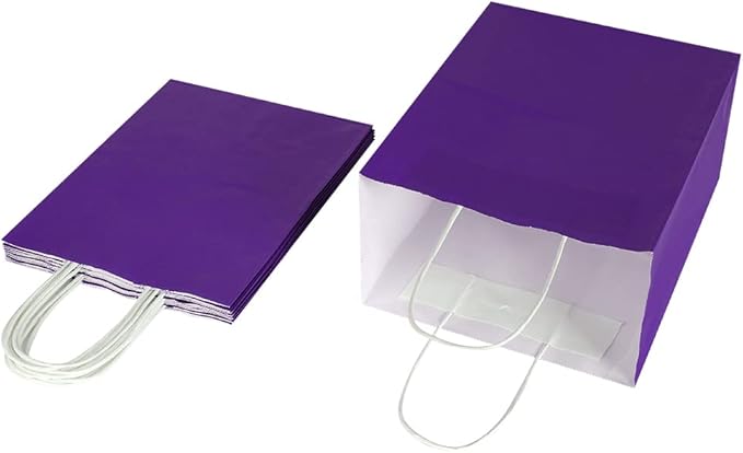 Oikss 50 Pack 8x4.75x10 Inch Medium Purple Kraft Paper Bags with Handles Bulk for Birthday Wedding Party Favors Grocery Retail Shopping Takeout Business Goody Craft Gift Bags Sacks, (50pcs Count)