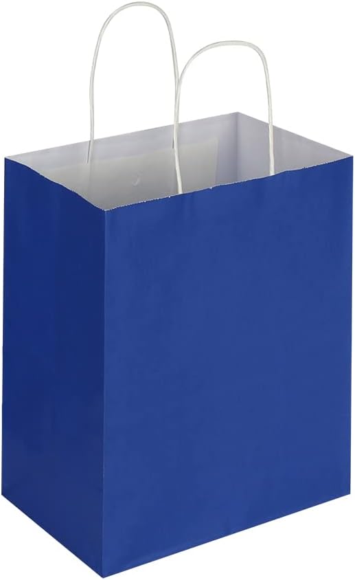 Oikss 50 Pack 8x4.75x10 Inch Medium Royal Blue Kraft Paper Bags with Handles Bulk for Birthday Wedding Party Favors Grocery Retail Shopping Takeout Business Goody Craft Gift Bags Sacks, (50pcs Count)