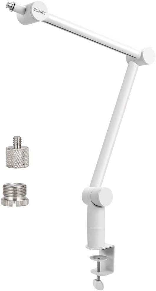 BOMGE Boom Arm Mic Stand - Adjustable Heavy Duty Suspension Boom Scissor Arm Stand with Cable Management Channels, Desk Clamp for Podcasts, Streaming, Gaming, Home Office, Recording (White)