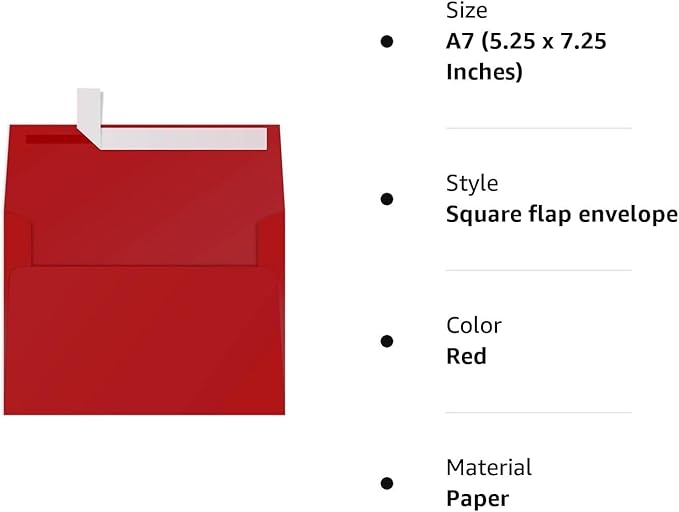A7 Red Invitation 5x7 Envelopes 100 Pack- Self Seal, Square Flap,Perfect for 5x7 Cards, Weddings, Birthday, invitations, Graduation, Baby Shower, 5.25 x 7.25 Inches, 100 Pack, (Red)