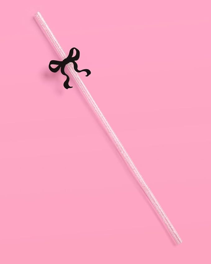 xo, Fetti Black Bow Reusable Straws, 12pcs - Clear Glitter Plastic | Birthday Drink Decorations, Coquette Drinkware, Tying the Knot Party Favor, Bachelorette Decor