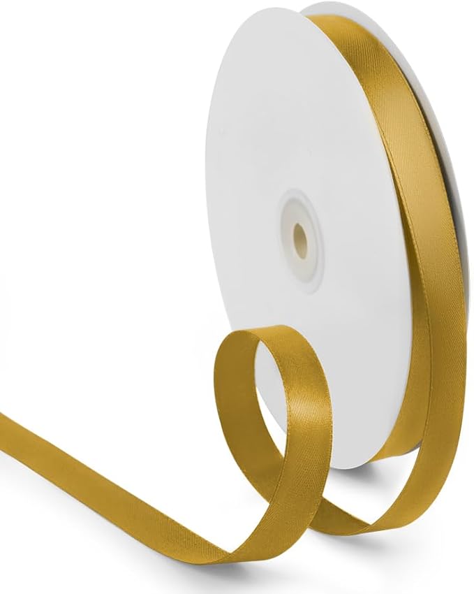 5/8 Inch 100 Yards Satin Ribbon Gold, Solid Color Fabric Ribbon for Gift Wrapping, Wedding, Polyester Gift Ribbon for Birthday Party Decoration, Craft, Hair, Floral, Sewing