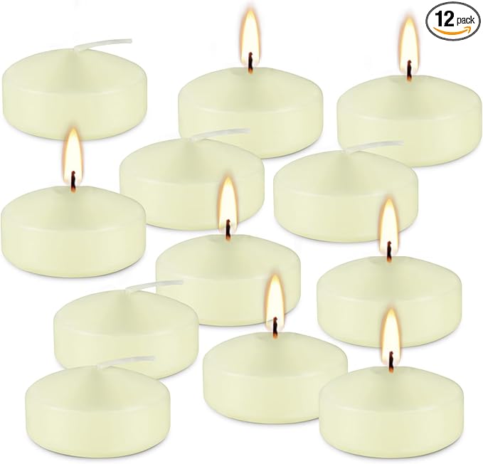 12 Pcs 2 - inch Floating Candles, Ivory, Smokeless and Unscented, Burns Continuously for 5-6 Hours, Be Good for Holidays, Weddings, Vacations, and Home Décor.