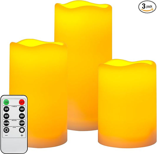 Da by Flameless Candles Battery Operated Candles LED Outdoor Waterproof Candles Plastic Fake Candles with Remote Timers Set of 3(Ivory)