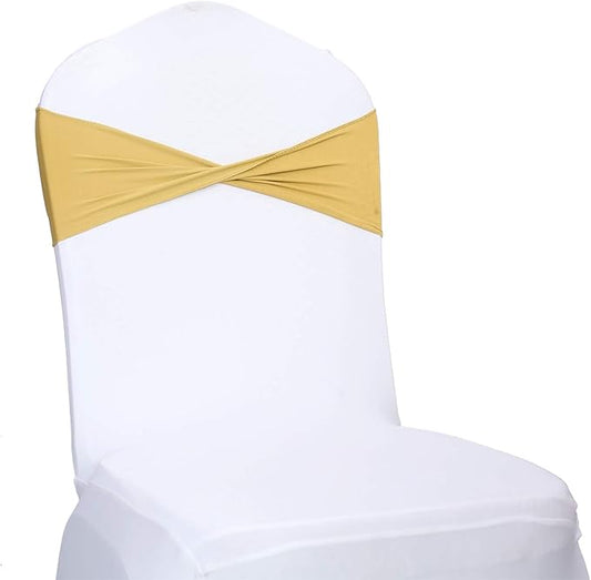 VDS Pack of 250 PCS | Gold | Spandex Chair Sashes Bows Without Buckle | Stretch Elastic Banquet Universal Folding Chair Band Tie with for Wedding Party Conference Celebration Event Decoration