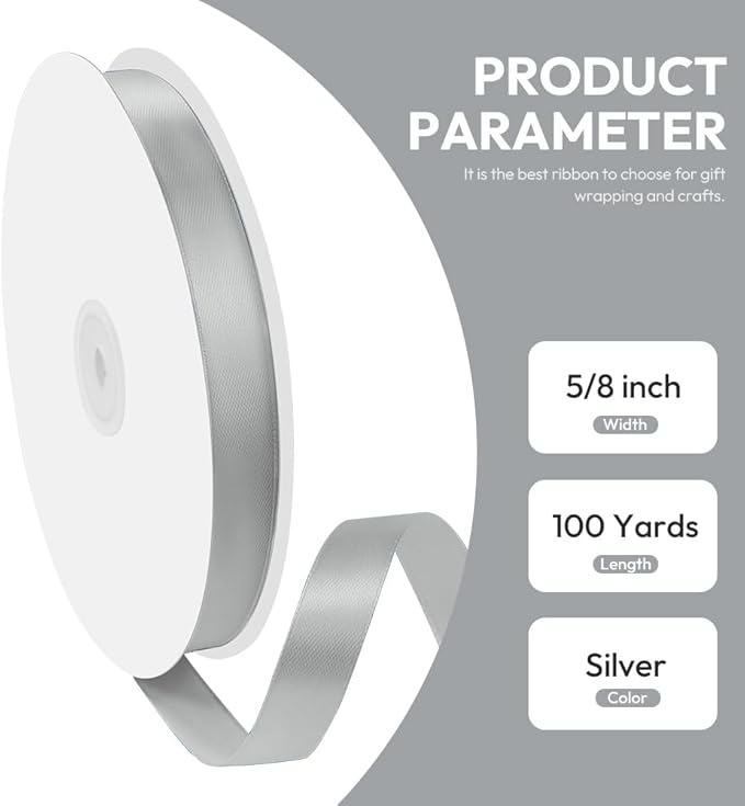 5/8" x 100 Yards Satin Ribbon - Silver Silk Ribbon with Spool - Ideal for Gift Wrapping, Floral Bouquets, Crafts, Wedding Party Decorations, Christmas and Sewing Projects
