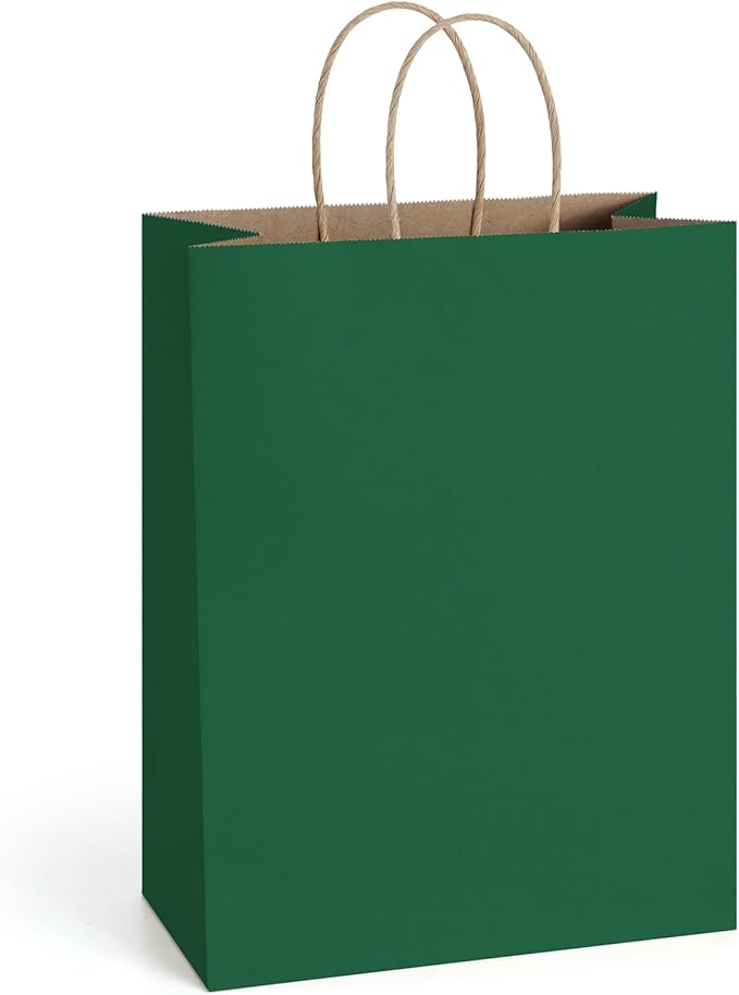 BagDream Forest Green Paper Bags with Handles Bulk 10x5x13 Inch 100Pcs Large Kraft Paper Gift Bags for Christmas, Thanksgiving, Outings, Craft, Retail, Grocery, Shopping, Recyclable