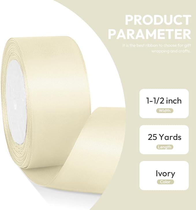 1-1/2" x 25 Yards Satin Ribbon, Ivory Silk Ribbon Ideal for Gift Wrapping, Floral Bouquets, Crafts, Wedding Party Decorations, Christmas and Sewing Projects