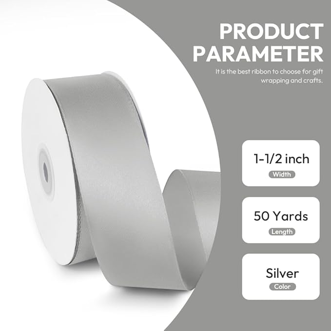 1-1/2" x 50 Yards Satin Ribbon - Silver Silk Ribbon with Spool - Ideal for Gift Wrapping, Floral Bouquets, Crafts, Wedding Party Decorations, Christmas and Sewing Projects