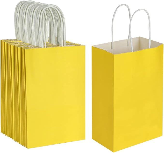 Oikss 50 Pack 5.25x3.25x8.25 Inch Small Yellow Kraft Paper Bags with Handles Bulk for Birthday Wedding Party Favors Grocery Retail Shopping Business Goody Craft Gift Bags Cub Sacks, 50 Count