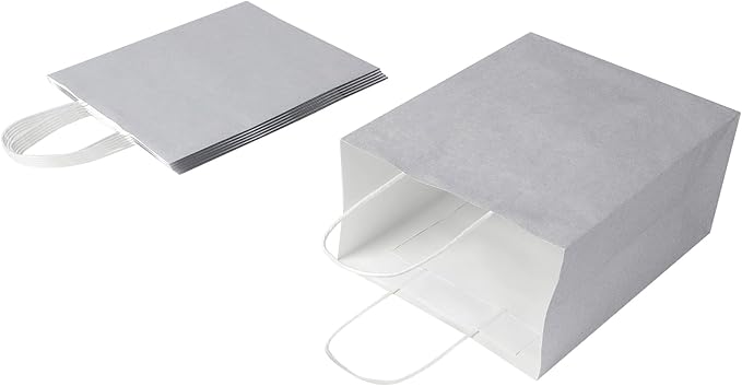 Oikss 50 Pack 8x4.75x10 Inch Medium Gray Kraft Paper Bags with Handles Bulk for Birthday Wedding Party Favors Grocery Retail Shopping Business Goody Craft Gift Bags Sacks, (Silver Grey 50pcs Count)