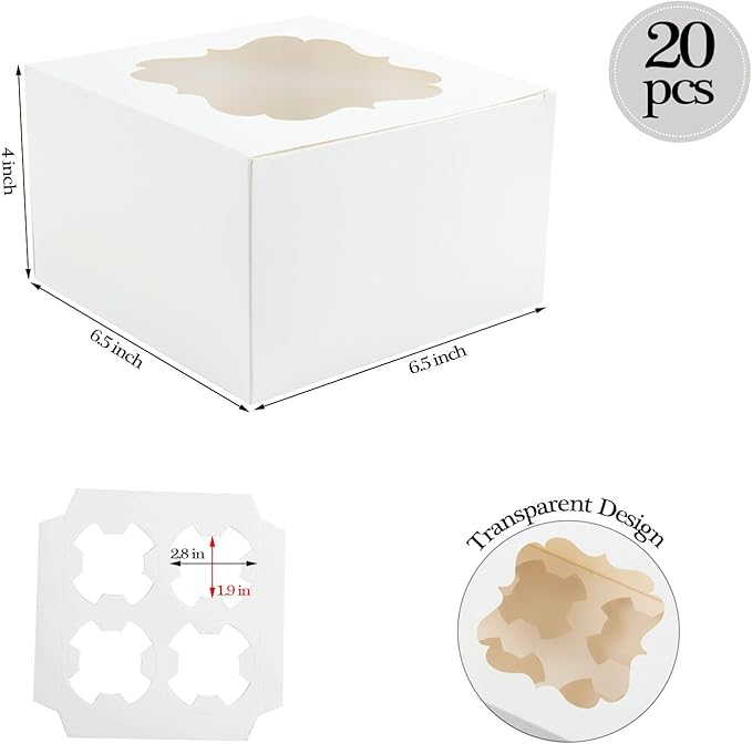 20 PCS 6.5 x 6.5 x 4 inch Paper, Cupcake Boxes with Inserts and Window Hold 4 Cupcakes, Bakery Boxes For Cupcakes Carrier, Cupcake Containers (Pink - 4 Holes)