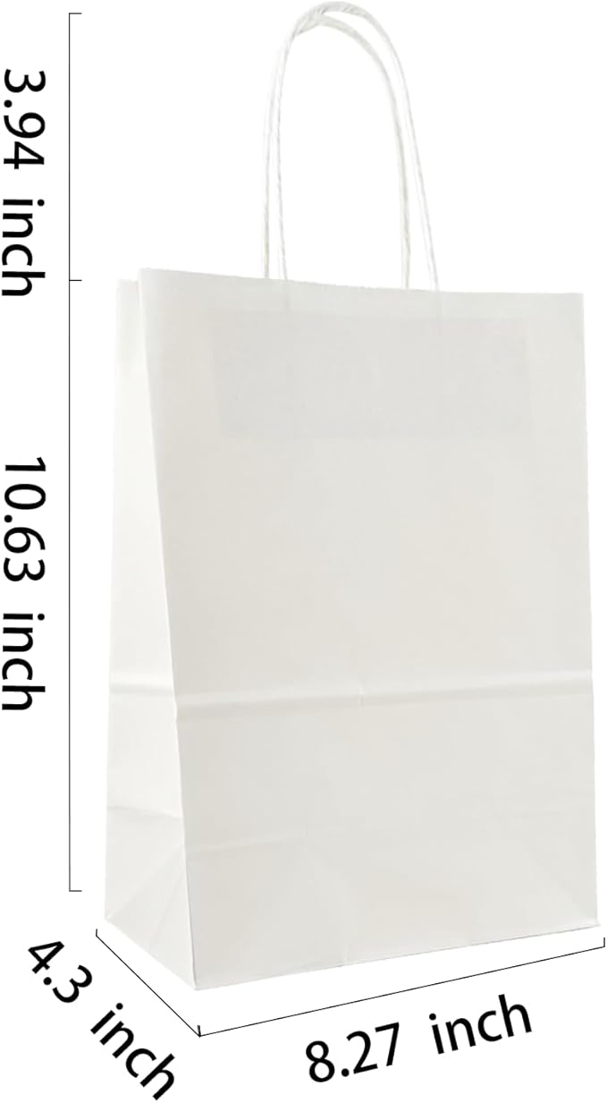BAG BOX 100 Pack 8.25x4.3x10.6 Inch White Gift Bags with Handles,Bulk Kraft Paper Bags for Shopping, Retail, Merchandise, Wedding, Party Favors, Paper Grocery Sacks