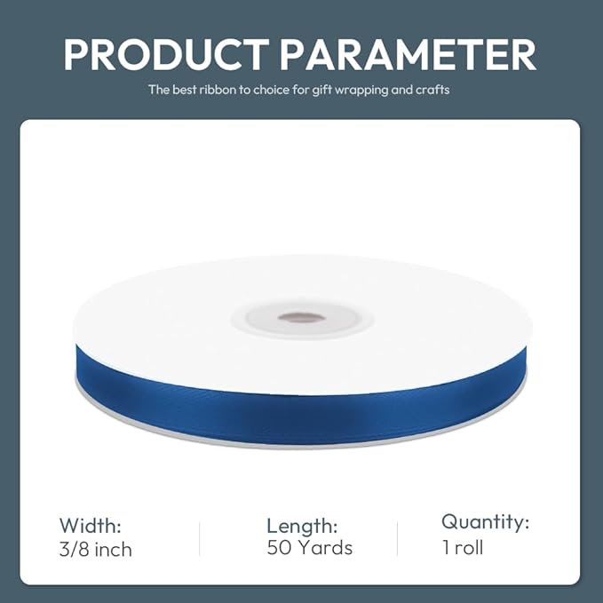 KMER LIFE 3/8" Wide x 50 Yards Navy Blue Single Faced Polyester Satin Ribbon, Navy Blue Satin Ribbon Perfect for Wedding Decor, Wreath, Crafts, Gift Wrapping & Other Projects (Navy Blue)
