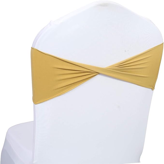 VDS Pack of 100 PCS | Gold | Spandex Chair Sashes Bows Without Buckle | Stretch Elastic Banquet Universal Folding Chair Band Tie with for Wedding Party Conference Celebration Event Decoration