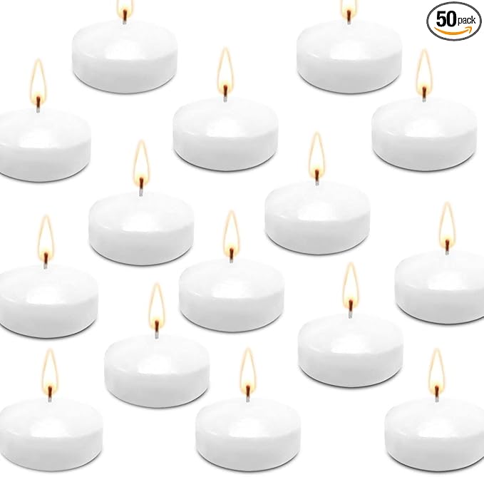 JHENG 50 Pack Floating Candles, 2'' White Unscented Dripless Wax Burning Candles, for Cylinder Vases, Weddings, Party and Holiday