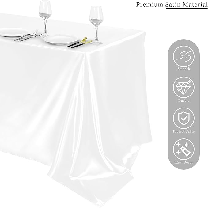 TURSTIN 1 Pack White Satin Tablecloth 102 x 58 Inch Overlay Satin Table Cover Rectangle Bright Silk Tablecloth Smooth Fabric Table Decoration for Wedding Banquet Party Events