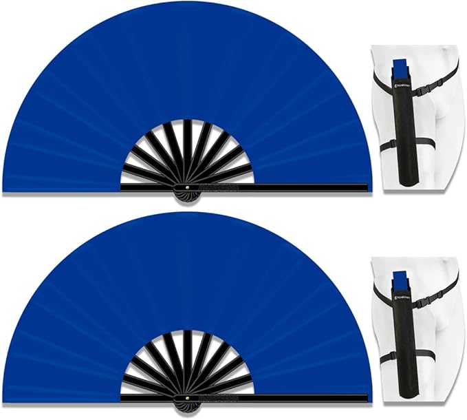 13" Large Folding Rave Fan with Holster, Clack Hand Fans Foldable for Line Dancing, Boots On The Ground Fan for Women Men Festival EDM Party Decoration, Blue 2 Pack