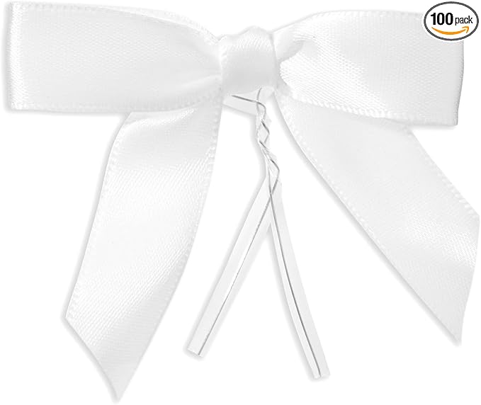 Juvale Twist Tie Bows - 100 Count, White, 3 x 2.5 in Satin Ribbon - Pre-Tied Gift Bows - Twist Ties for Cake & Crafts