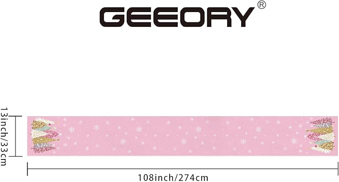 GEEORY Christmas Table Runner 13x108 Inch, Xmas Trees Snowflakes Holiday Decorative Farmhouse Table Decoration for Kitchen Dinning, Indoor Outdoor Dinner Party Decor (Pink) GT153-108