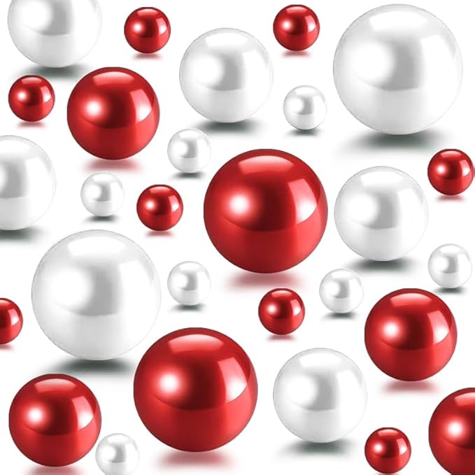 300Pcs Red&White Polished No Hole Pearl Beads Vase Filler, Christmas Vase Filling Decorations, Plastic Pearls, Table Scatters, Wedding Home Decor, 8/14/20 mm