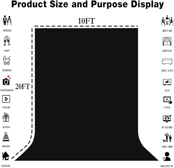 Large Black Screen Backdrops 10x20ft Solid Black Photo Backdrops for Photoshoot, Photography Background for Photo Shooting, Party, Videos