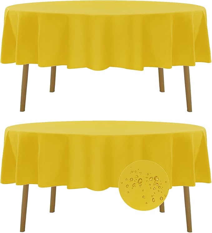 Fokitut 2 Pack Waterproof Round Tablecloth, 60 Inch, Stain Resistant and Wrinkle Polyester Table Cloth, Fabric Table Cover for Kitchen Dining, Wedding, Party, Holiday Dinner-Yellow
