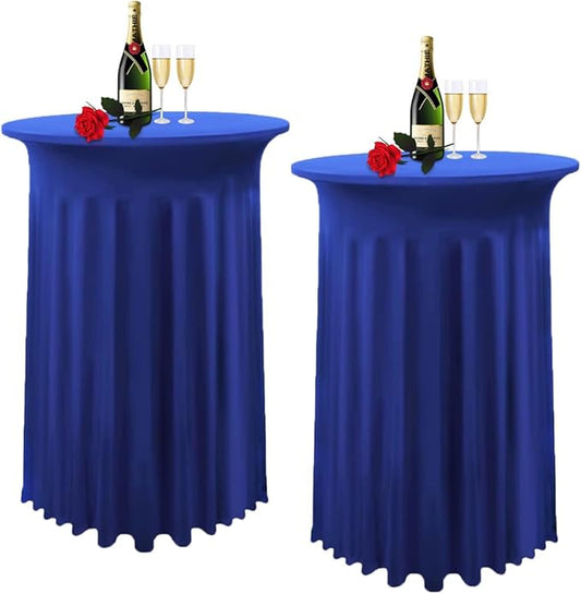 Albassa 2 Pack Cocktail Table Covers 32"x 43" Spandex Stretch Round Cocktail Tablecloths with Wavy Drapes Fitted High Top Bar Table Skirt for Wedding Party Banquet (Royal Blue, 2 PCS)